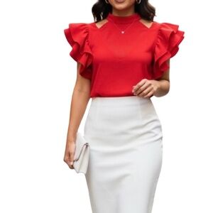 #A023   GRACIA Red Ruffle Sleeve Mesh Top  Size  NWT S
